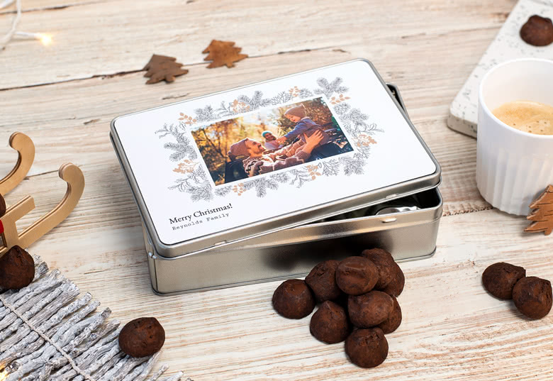 Koekjestrommel met foto (rechthoekig, chocolade)