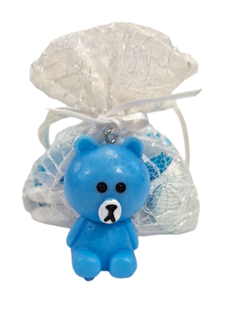 Beertje blauw met kanten zakje